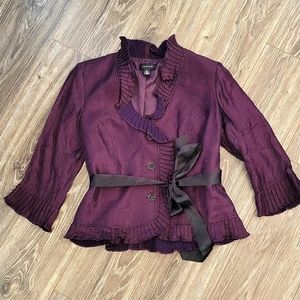 R & M Richards purple jacket with ruffled edges and black ribbon belt